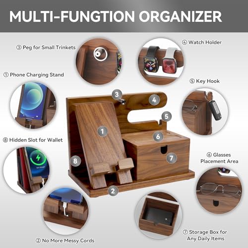 Walnut Wood Phone Docking Station with Wireless Charging, Nightstand Organizer for Men & Women, Compatible with iPhone/Samsung/Apple Watch/AirPods, Gifts for Dad, Husband, Anniversary, Birthday – Enhanced Compatibility and Speed