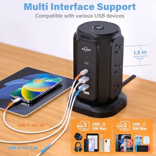 Maximize Your Power Potential with Ai Joy’s Space-Saving Flat Plug Power Strip Tower – 9 Outlets & 5 USB Ports (2 USB-C) for Rapid Charging, 1200 Joules Surge Protection, 6.5 Feet Extension Cord – Ideal for Home, Office, and Dorm Use – Durable, Efficient, and Compact Design for Uncluttered Charging Solutions
