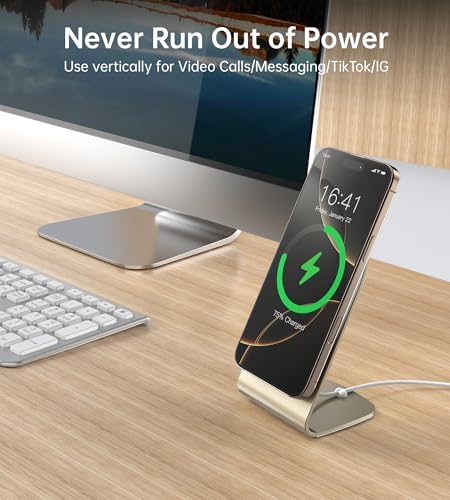 Elevate Your Charging Experience: Premium Magnetic Wireless Charger for i Phone 16/15/14/13/12 with 20 W USB-C Adapter – Fast, Elegant, and Versatile Charging Stand/PAD in Luxurious Gold – Enhanced Compatibility for Pro Max, Plus, Mini Models with 5 ft Cable for Ultimate Flexibility