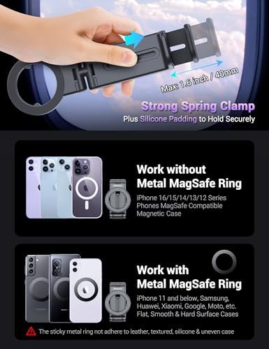 PROfezzion Magnetic Airplane Phone Holder for MagSafe, iPhone 16, 15, 14, 13, 12 & All Phones, Handsfree Phone Mount for Seat Tray Table, Pocket Size Travel Essentials Must Have Accessories for Flying – Enhanced Compatibility and Speed