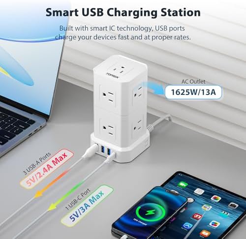 TOPREK 10 FT Power Strip with USB-C Fast Charging (3.0 A) – 5 AC Outlets & 4 USB Ports Surge Protector for Home, Office & Travel – Compact Desk Charging Station with Enhanced Surge Protection (700 J) for All Devices