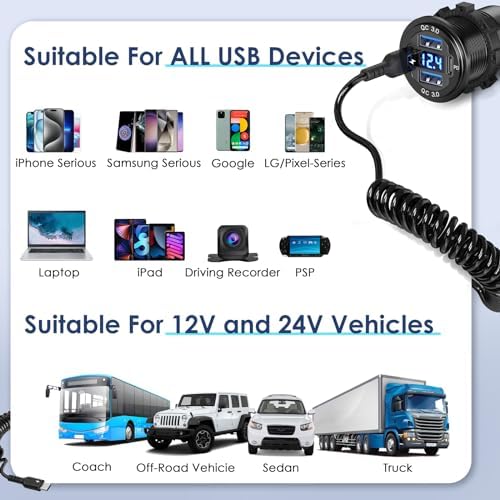 High-Power 78 W 12 V USB Car Charger – Qidoe 4-Port Dual 30 W PD & Quick Charge 3.0 Aluminum Socket with Built-in Voltmeter & 3 FT Coiled C to C Cable for Ultimate Charging Efficiency in Cars, Boats, & RVs