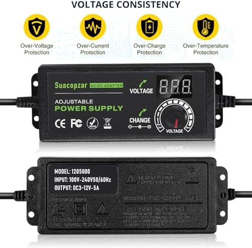 Versatile Universal Adjustable AC/DC Power Supply Adapter – 3 A, 72 W Output, 9 V to 24 V Range – Dual Connector Compatibility (5.5 x 2.1 mm & 5.5 x 2.5 mm) – Optimal Power Solution for Home Electronics with Advanced Safety Features and Global Input Voltage Support