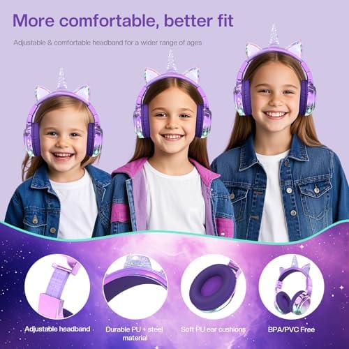 Elevate Your Child’s Listening Experience with Qear Fun Purple Cat Ear Bluetooth Headphones – 60 Hours of Playtime, Safe Volume Control (74/85/94 d B), Ultra-Portable Foldable Design, Advanced Bluetooth 5.3 Connectivity, and Built-in Mic for Girls – Perfect for School, Travel, and On-the-Go Fun