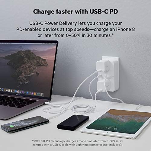 Belkin Multi-Device Power Hub – Efficient USB-C Fast Charging Adapter for Mac Book Pro, Chromebook, i Phone 16/15/14, Samsung Galaxy S25 & Nintendo Switch 2 – Sleek White Design for Home & Office Use with Enhanced Safety Features