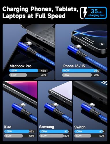 JSAUX 100 W USB C Cable 2-Pack – 10 FT Right-Angle Charging Cords with Fast Data Transfer for i Phone 16, Samsung Galaxy, i Pad & Mac Book – Durable & Flexible Design for Effortless Charging in Tight Spaces