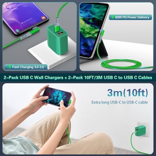 Dual Port Fast Charging Wall Adapter with 10 FT Right-Angle USB C Cable – 20 W USB-C Power Block for i Phone 16/15, Samsung Galaxy S25 Ultra, S24, S23, S10 – Efficient Charging Convenience for Home, Office, and Travel