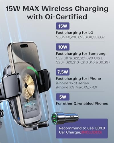 KPON Qi-Certified Wireless Car Charger Mount – Auto-Clamping 15 W Fast Charging Holder for Dashboard, Air Vent & Windshield – Universal Compatibility for Samsung Galaxy, i Phone 16/15/14/13/12, Google & LG Devices – Ultimate Hands-Free Convenience on the Road