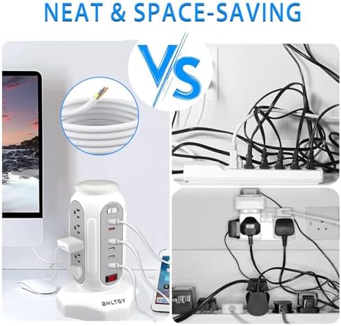 Ultimate Flat Plug Fast Charging Tower – 15 AC Outlets & 6 USB Ports (2 Fast Charge) – Compact Surge Protector Power Strip with 6.5 FT Extension Cord for Home, Office, and Dorm Room – Maximize Charging Efficiency and Enhance Safety