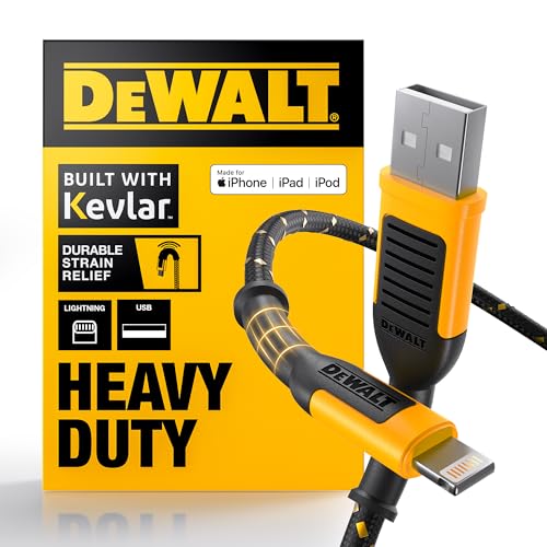DEWALT Heavy Duty 4 FT Lightning to USB A Charging Cable – MFi Certified Braided Cord for Fast and Reliable Power Delivery – Durable i Phone Charger Compatible with All Apple Devices – Optimized for Efficiency and Longevity