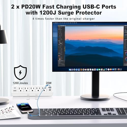 40 W Fast Charging Desk Clamp Power Strip with 4 PD20 W USB Ports and 5 Outlets – 1200 J Surge Protector for Enhanced Device Safety – Perfect for Home Offices, Workshops, and Gaming Stations – Durable Design for Easy Attachment to 1.65” Thick Tabletops
