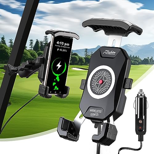 Roykaw Golf Cart Phone Mount Holder: Qi 15 W Wireless & Type C 20 W Fast Charging for i Phone, Galaxy, Google Pixel, Motorola – Adjustable One-Click Lock Cradle for 4.0″-6.8″ Phones – Ultimate Convenience for Golf Enthusiasts with Enhanced Durability and Accessibility