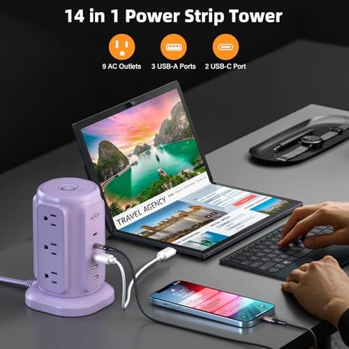 Maximize Your Power Potential with Ai Joy’s Space-Saving Flat Plug Power Strip Tower – 9 Outlets & 5 USB Ports (2 USB-C) for Rapid Charging, 1200 Joules Surge Protection, 6.5 Feet Extension Cord – Ideal for Home, Office, and Dorm Use – Durable, Efficient, and Compact Design for Uncluttered Charging Solutions