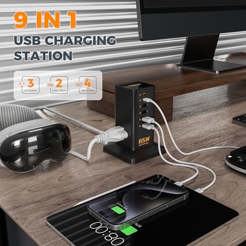 TESSAN 30 W 9-in-1 Multi-Device Charging Station with Surge Protection – Ultimate Charger Block for i Phone 16/15/14/13, Tablets, and Earphones – 5 ft Flat Extension Cord with 4 USB A & 2 USB C Ports – Compact Design for Home, Office, or Dorm – Enhanced Safety and Efficiency
