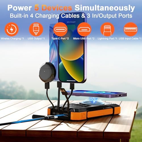 WONGKUO 49,800 m Ah Solar Power Bank – All-Weather Waterproof Charger with USB-C & QC 3.0 Fast Charging, Built-in 4 Cables & LED Flashlight for Outdoor Adventures, Ultimate Portable Battery Solution for Camping & Hiking