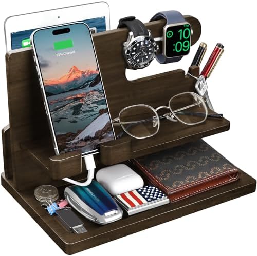 Wood Phone Docking Station – Nightstand Charging Organizer and Cell Phone Stand – Bedside Gift for Men – Enhanced Compatibility and Speed