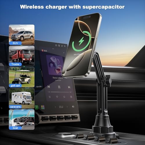 Revolutionary Qi2 15 W Wireless Mag Safe Car Mount Charger – Ultra-Fast Charging for i Phone 16/15/14/13/12 & Galaxy S25 – Adjustable Cup Holder Design with 360° Viewing Angle – Enhanced Safety & Compatibility for Seamless Use – Ideal for On-the-Go Charging Solutions