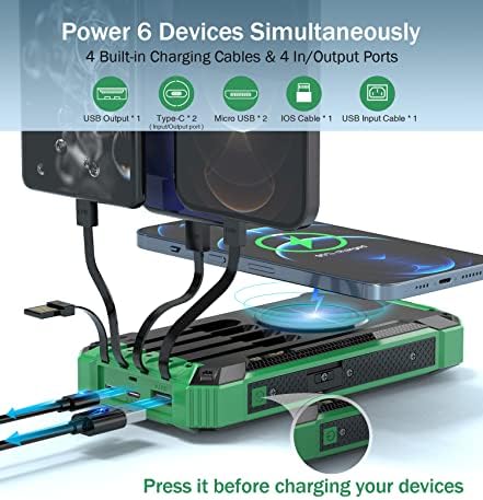 GOODaaa 36,000 m Ah Solar Wireless Power Bank with Built-in 4 Cables, Fast 15 W Charging, 6 Outputs & Dual Flashlights – Ultimate Portable Charger for All Devices with Carabiner for Easy Carrying