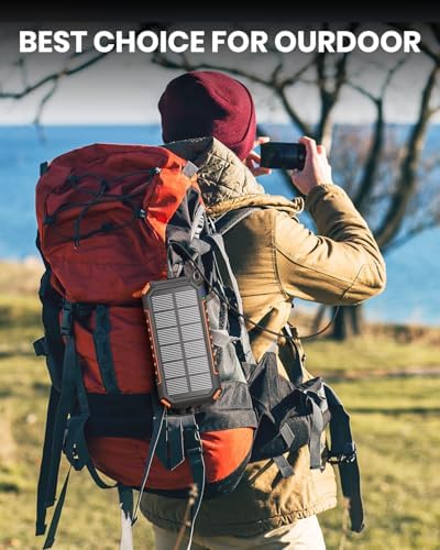 Hiluckey 27,000 m Ah Solar Power Bank with Built-in Cables – Ultra-Fast 15 W Outdoor Battery Pack for i Phone & Android – Charge 5 Devices at Once with Dual USB-A & USB-C Ports – Perfect for Camping, Travel, and Emergency Power Needs – Dual LED Flashlight for Enhanced Versatility and Safety