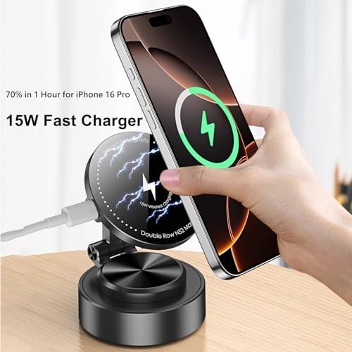 Revolutionary 15 W Magnetic Wireless Charging Phone Holder with Vacuum Suction Cup – 360° Adjustable and Foldable Car Mount for i Phone 12-16 Pro Max & Most Smartphones | Versatile Mag Safe Accessory for Cars, Gyms, Mirrors, and Showers – Unmatched Stability, Fast Charging, and Hands-Free Convenience