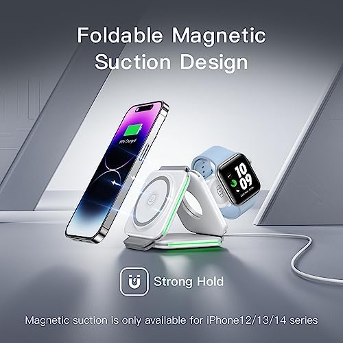 Magnetic 3-in-1 Travel Charging Station for Apple Devices – Ultra-Fast Wireless Charger for i Phone 16/15/14/13/12/Pro/Max/Mini, Air Pods Pro/Wireless, and Apple Watch Series Ultra/SE/10/9/8/7/6/5/4/3/2 – Compact Foldable Design for Ultimate Portability and Compatibility, Ideal for Busy Professionals and Travelers Seeking Efficiency and Style