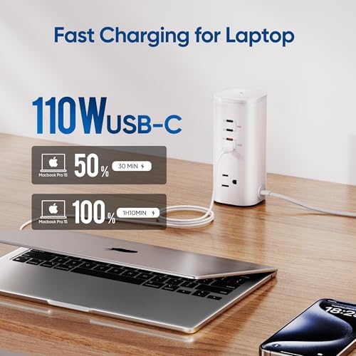 Ten Trend Surge Protector Tower: 160 W Fast Charging Hub with 3 AC Outlets & 8 USB Ports (4 USB-C) – 5 FT Flat Plug Extension for Home Office Efficiency and Device Safety