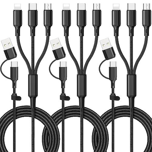 Versatile 6 in 1 Multi Charging Cable [3 Pack, 4 FT] – Durable Nylon Braided Fast Charging Cord for USB A/C, Micro USB, and Lightning Devices – Universal Phone Charger for Home, Office, and Travel – Enhanced Compatibility for All Smartphones and Tablets