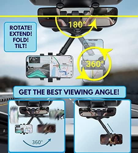 Revolutionary 360° Adjustable Rearview Mirror Phone Holder for Cars – 2022 Model – Effortless Installation, Rotatable and Retractable Design – Universal Fit for All Phones and Vehicles – Premium Black Finish – Elevate Safety and Convenience on the Road