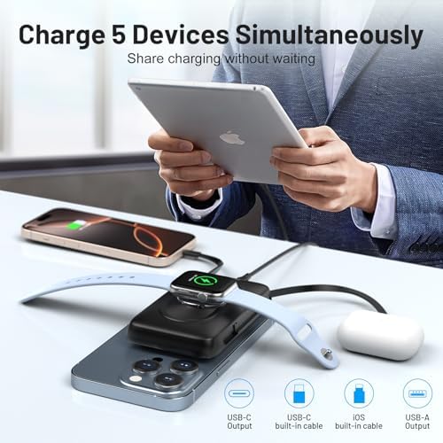Magnetic Wireless Power Bank for Apple Devices – BLAVOR 10,000 m Ah Portable Charger with Built-in Cables and 20 W Fast Charging, Seamless Compatibility for i Phone 16/15/14/13/12 and Apple Watch, Integrated Stand for Hands-Free Use, Sleek White Design – Ultimate Convenience for On-the-Go Charging