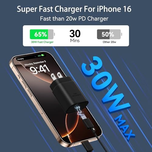 30 W USB-C Fast Charging Block with 10 FT Type C Cable – Ultimate Charging Solution for i Phone 16/15 Series and Beyond – Compact, High-Efficiency Power Adapter for Home and Travel Use – Safe and Reliable Device Charging