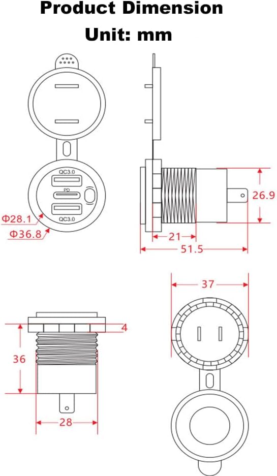 Ultimate 3-Port 18 W USB Car Charger – Quick Charge 3.0 & PD USB-C for Fast Device Charging in Cars, Motorcycles, Trucks & Boats – Dashboard Mount with Built-in Switch for Enhanced Safety and Control – Stylish Red Light Design for Modern Vehicles