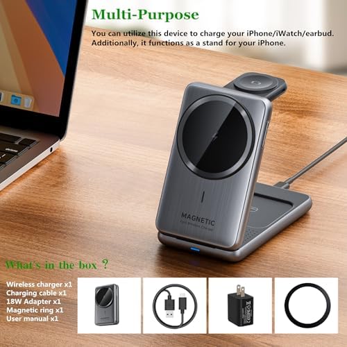 Ultimate 3-in-1 Magnetic Wireless Charging Station for i Phone 16/15/14/13/12, Apple Watch Series 2-10, and Air Pods Pro/2/3/4 – Compact Foldable Design for Travel with Advanced Fast Charging Technology, Intelligent Safety Features, and Stylish Aluminum Build Experience the future of charging with our cutting-edge 2025 Magnetic Wireless Charging Station. This all-in-one solution is engineered to accommodate your i Phone 16/15/14/13/12 series, Apple Watch 2-10 Series, and Air Pods Pro/2/3/4 effortlessly. Say goodbye to tangled cables with a sleek design that offers simultaneous charging for three devices through a single USB-C cable. Equipped with powerful N52 magnets for precise alignment, this charger ensures a hassle-free experience while providing high-speed charging capabilities. Its unique folding mechanism allows for portability, making it the perfect travel companion to fit in your pocket or backpack. With advanced safety features such as overcurrent, overvoltage, and overheating protections, this charger prioritizes your devices’ safety and longevity. The elegant aluminum and polycarbonate construction not only enhances durability but also adds a touch of sophistication to any workspace or home environment. Enjoy the convenience of a non-slip base for stability, plus 24-hour customer support for peace of mind. Elevate your charging experience today!