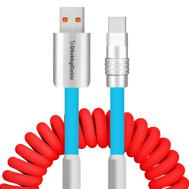 Dynamic Curly Chubby Coiled USB C Cable: 240 W Fast Charge Retractable Spiral Braid Cord for Carplay & Android Auto, Versatile Length 2.29 FT to 3.6 FT, Sleek Black and Red Design, Enhanced Compatibility for All USB-A to Type-C Devices
