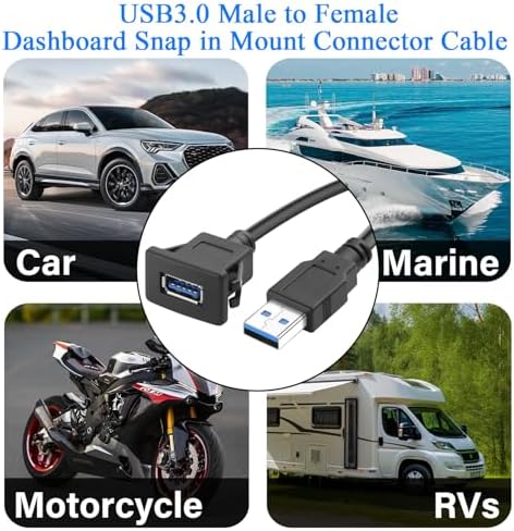 QIANRENON USB3.0 Snap-On Mount Adapter: 5 Gbps High-Speed Extension Cable for Dashboards, 30 cm Flush Connector with 5 V/2 A Charging – Perfect for Clean Installations and Enhanced Device Compatibility