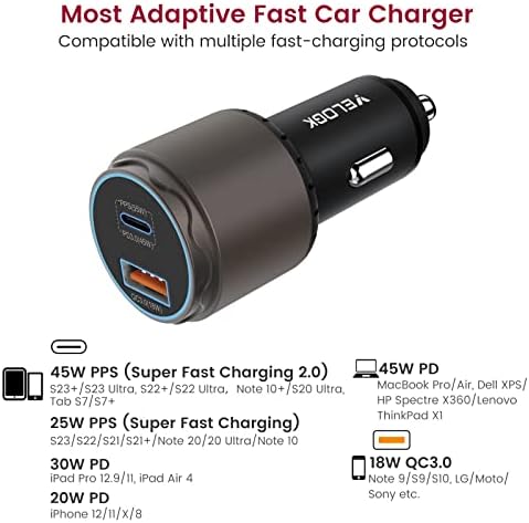 VELOGK 73 W Turbo USB-C Car Charger – Ultra-Fast Adaptive 55 W & 45 W PPS/PD & QC3.0 Adapter for Samsung Galaxy S25/S24/S23/S22+/S21/S20 & i Pad Pro – Compact Green Design with Advanced Safety Features for Rapid On-the-Go Charging