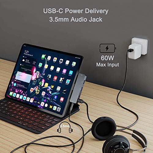 Elevate Your i Pad Pro Experience with Our Versatile 6-in-1 USB C Hub Adapter – Featuring 4 K HDMI, Dual USB 3.0 Ports, 3.5 mm Audio Jack, PD 60 W Charging, and SD/TF Card Slot – Perfect for M2, M1 i Pad Pro 11, 12.9 (2018-2022), i Pad Air, and Mini – Unleash Seamless Connectivity and Effortless Productivity