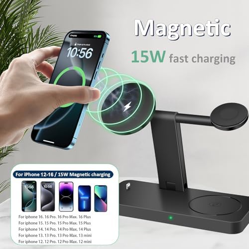 PDKUAI 4-in-1 Magnetic Charging Station – Fast Wireless Charger Stand for i Phone 16/15/14/13/12 Pro/Max/Mini/Plus, Apple Watch 10/9/8/7/6/SE/5/Ultra & Air Pods Pro/4/3 – Enhanced Compatibility with Dedicated Adapter – Sleek White Design for Home & Office