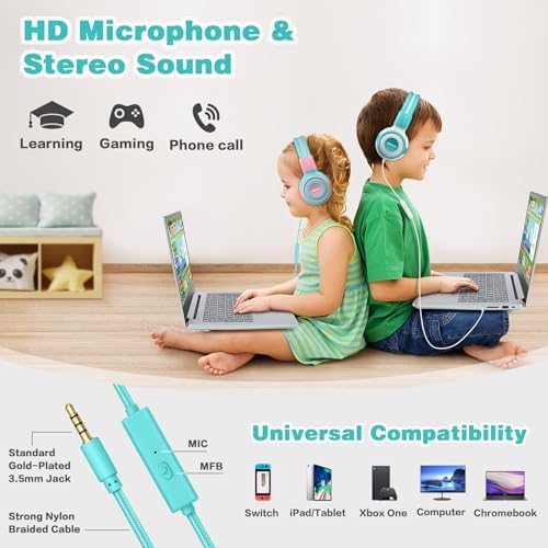 Chic Pink SIMOLIO Kids Headphones with Microphone – Volume-Limited Wired Design for Safe Listening – Adjustable Sound Levels (75/85/94 d B) for Hearing Protection – Perfect for School, Travel, and Home Use – Durable and Comfortable Fit for Active Young Listeners – Compatible with Smartphones & Tablets for Versatile Use