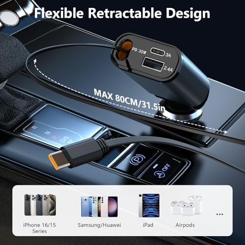 2025 Ultra-Slim PD30 W Retractable Car Charger – Fast USB-C Charging for i Phone 16/15/14/13/12 & Samsung Devices – Essential Travel Accessory with Safety Features and Tangle-Free Design for On-the-Go Power