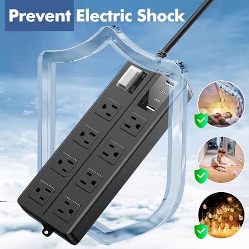 VNJ Outdoor Power Strip: 8 AC Outlets & 4 Fast USB Ports, IPX6 Waterproof Surge Protector with Safety Lock for Secure Connections, ETL-Certified 15 FT Extension Cord – Ideal for Home, Garden, and Commercial Applications