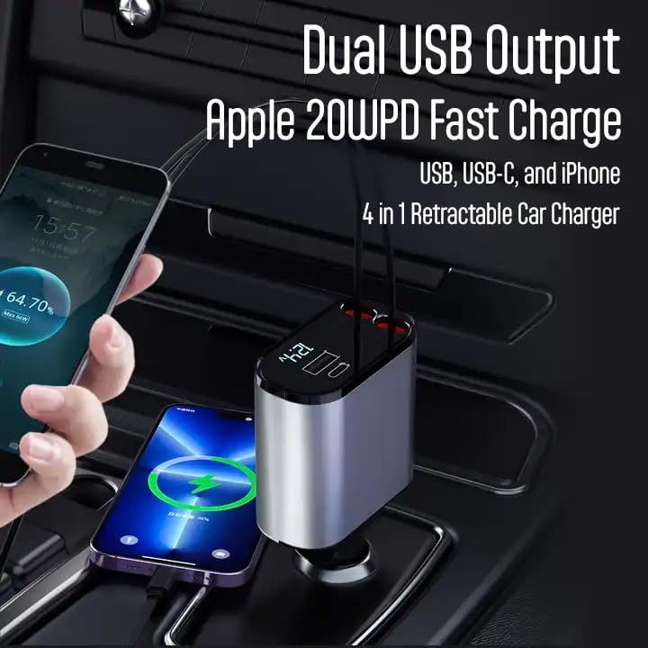 Ultimate Retractable Car Charger – 4-in-1 Fast Charging Solution for Apple & Android Devices – Compact USB-C Charger for On-the-Go Convenience, PT-16 – Essential Car Gadget for Organized Driving