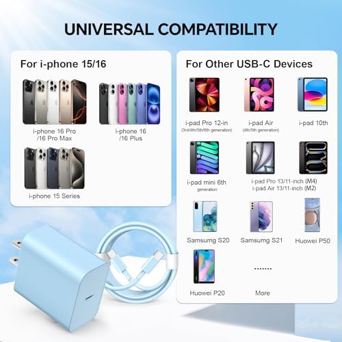 Lightning-Fast 20 W USB-C Wall Charger & 10 FT Cable for i Phone 15/16/Plus/Pro Max – Sleek Pink-Blue Power Adapter for Ultimate Charging Performance and Versatile Use