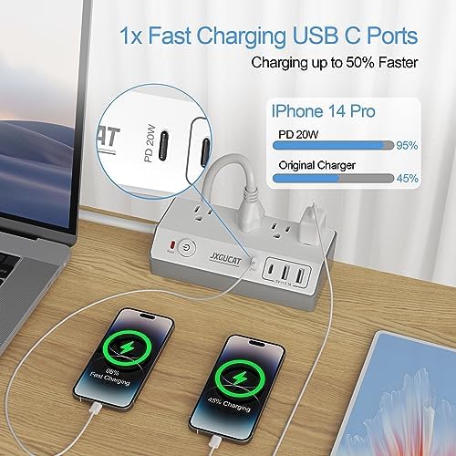 Maximize Your Workspace Efficiency with JXGUCAT Desk Clamp Power Strip – 20 W USB-C Fast Charger with 10 ft Extension Cord, 4 Outlets & 4 USB Ports, Surge Protector Ideal for Clutter-Free Desktop Setup, Fits Tabletops Up to 1.8 inches Thick