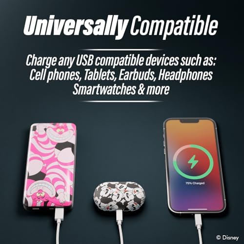 Disney Alice in Wonderland Portable Power Bank – 10,000 m Ah Slim Charger with USB-A for All Devices – Chic Cheshire Cat Design for Disney Fans – Ideal Travel Companion and Unique Gift for All Ages – Perfect for Charging Smartphones, Headphones, and Smartwatches – Officially Licensed Disney Merchandise