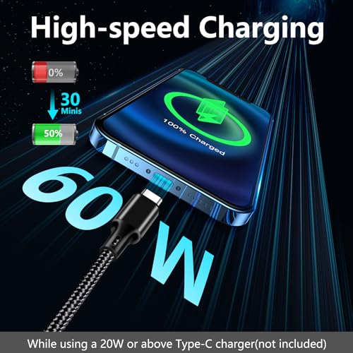 High-Speed 10 FT USB C to USB C Charger Cable – Durable Nylon Braided 3-Pack for Rapid 60 W Charging – Compatible with i Phone 15/16, i Pad Pro, Mac Book, Samsung & Google Devices – Sleek Black Design for Ultimate Flexibility and Reliability