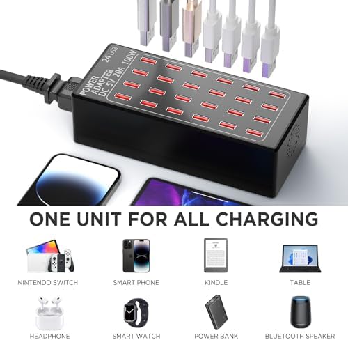 High-Efficiency 24-Port USB Charging Station – 100 W Rapid Multi-Device Power Hub for Hotels, Schools, and Public Spaces – Enhanced Compatibility and Safety Features for Fast Device Charging
