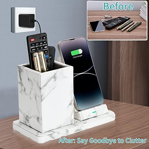 Sleek Marble Finish Wireless Charging Station with Desk Organizer – Fast Qi-Certified Charger for i Phone 13/12/11 Series, Effortless Device Power-Up & Luxurious Leather Accents for an Organized Workspace