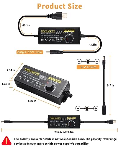 Versatile AOYADAISU 120 W Adjustable DC Power Supply with 14 Tips & Polarity Converter – Perfect for Fast Charging LED Strip Lights, Cameras, and More – 3 V-24 V Output with 5 A Maximum Current for Ultimate Compatibility and Performance
