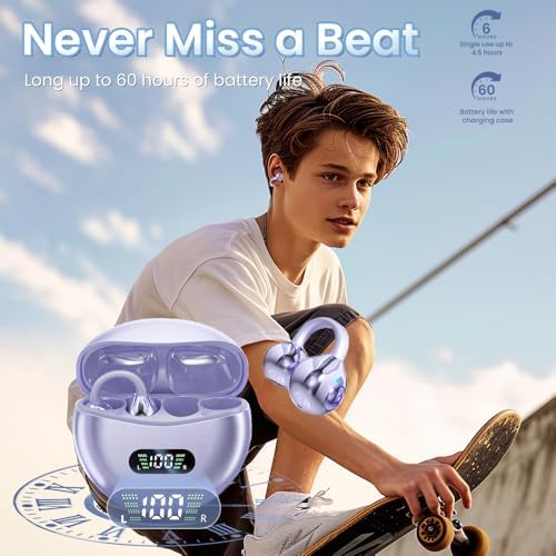 Innovative Clip-On Open Ear Wireless Bluetooth 5.4 Headphones – Perfectly Designed for Small Ears and Glasses Wearers; 60-Hour Battery Life, Superior Noise Cancellation, and Waterproof for Active Lifestyles and Workouts (Vibrant Purple)