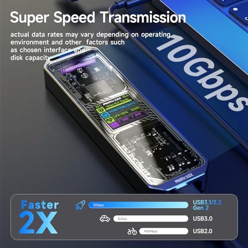 PHOTOOLEX M.2 NVME SSD Enclosure with Smart Screen Display – 10 s Power Loss Protection, USB 3.2 Gen 2 (10 Gbps) for Enhanced Data Security and Speed – Versatile PCIe M-Key/B&M Key Support for 2230/2242/2260/2280 SSDs – Ultimate Solution for Fast, Reliable Storage Expansion